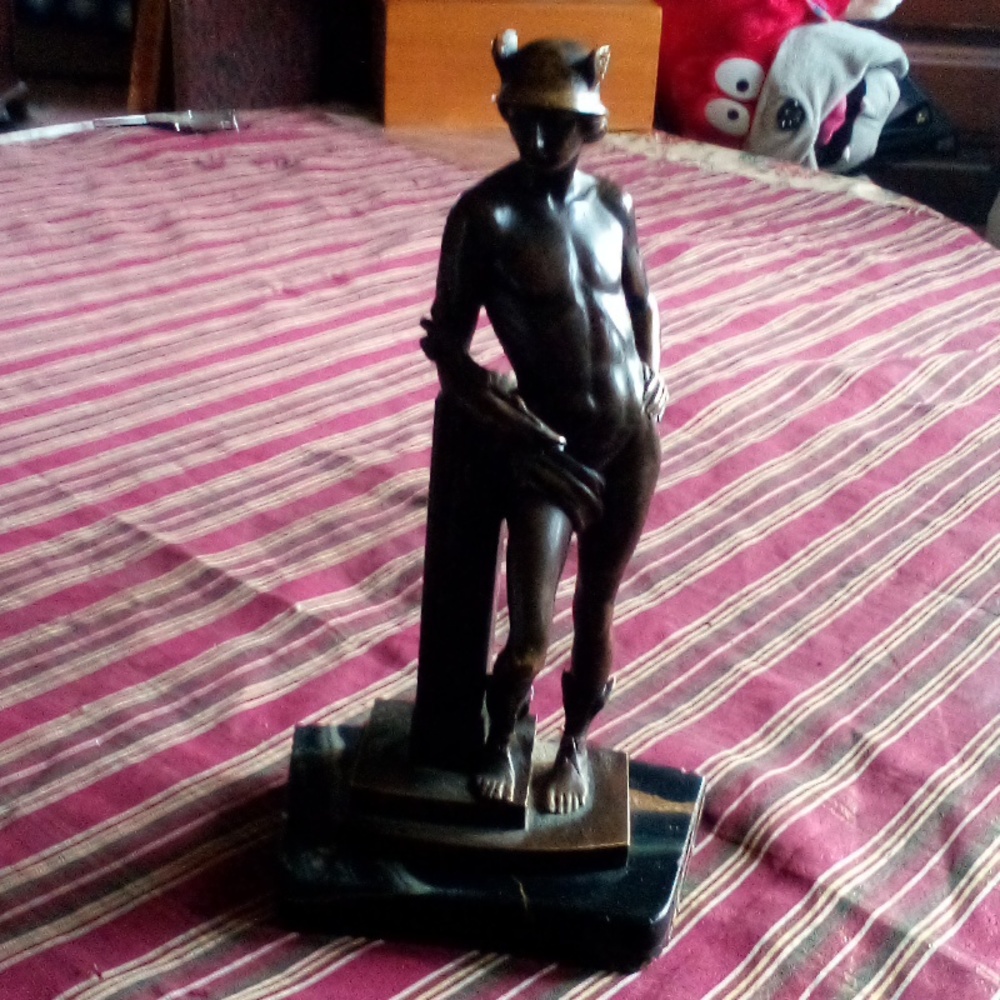 Krejca [BK].- Mercury Hermes Greek God Bronze Statue Sculpture On Marble Base